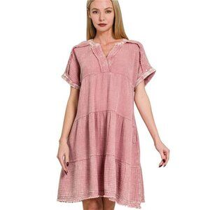 Zenana Washed Double Gauze Raw Edge V-Neck Dress‎